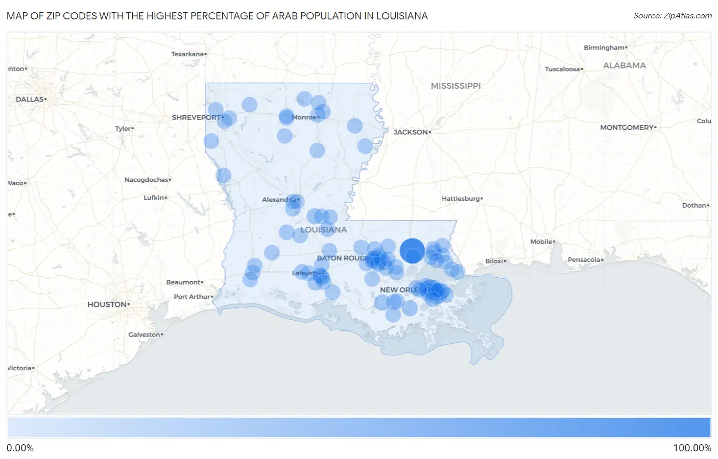 Zip Codes with the Highest Percentage of Arab Population in Louisiana Map