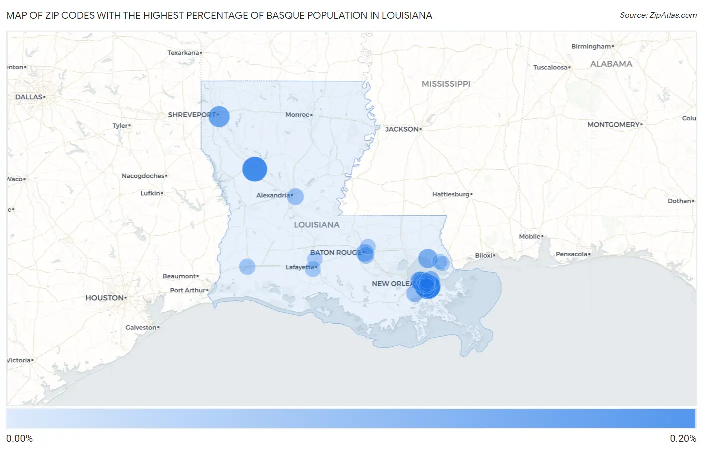 Zip Codes with the Highest Percentage of Basque Population in Louisiana Map