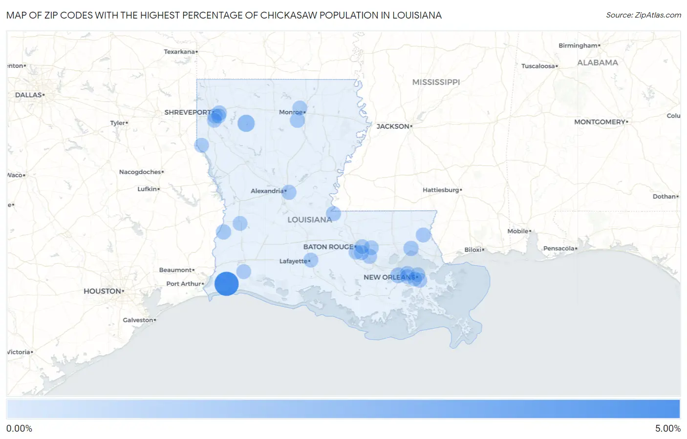 Zip Codes with the Highest Percentage of Chickasaw Population in Louisiana Map