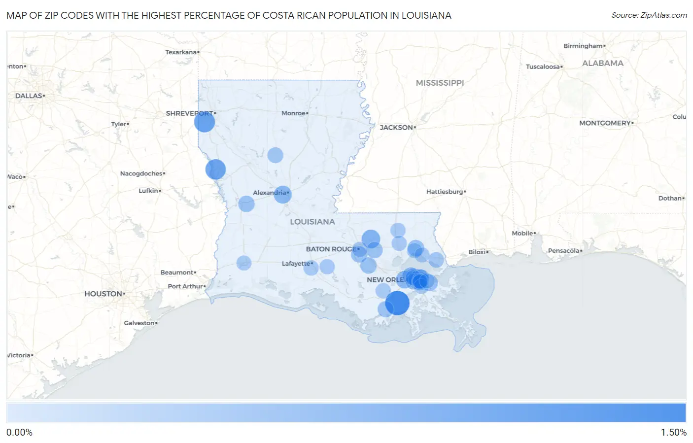 Zip Codes with the Highest Percentage of Costa Rican Population in Louisiana Map