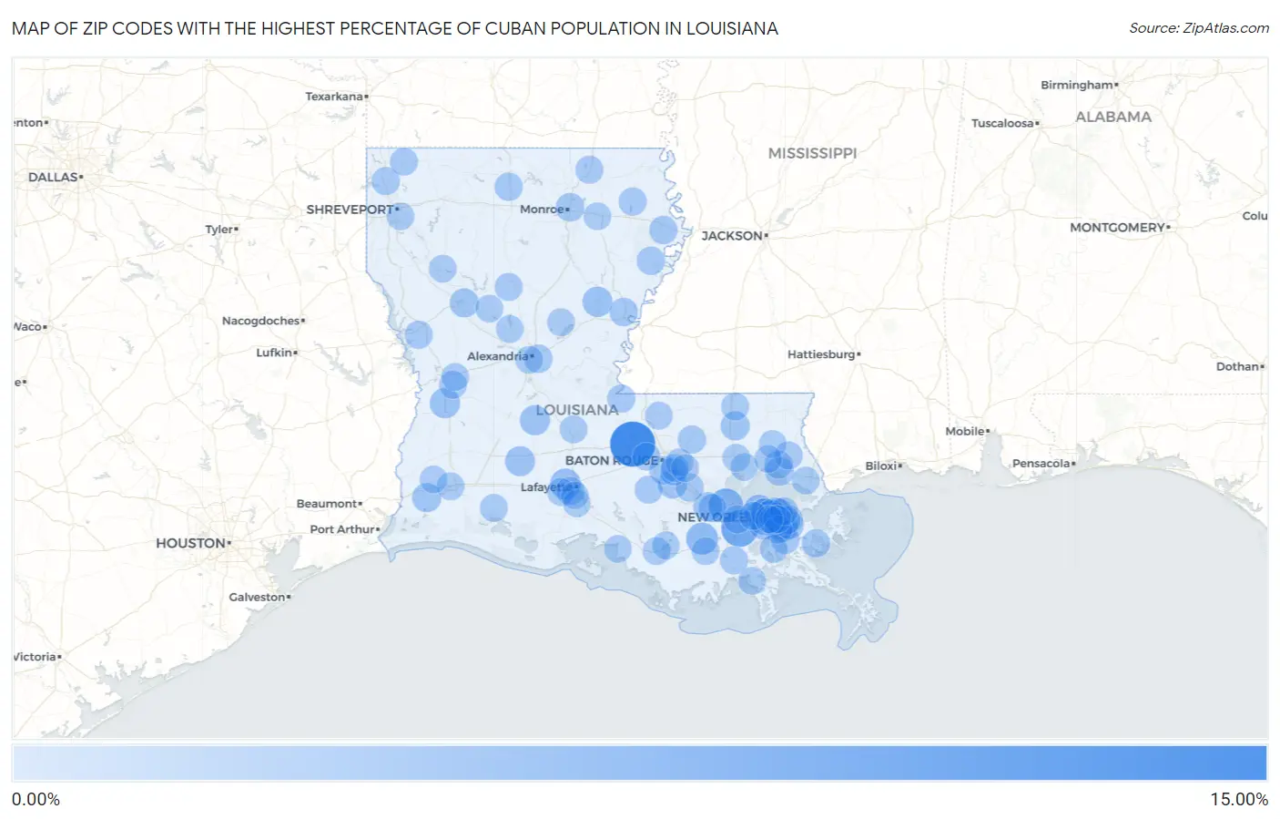 Zip Codes with the Highest Percentage of Cuban Population in Louisiana Map