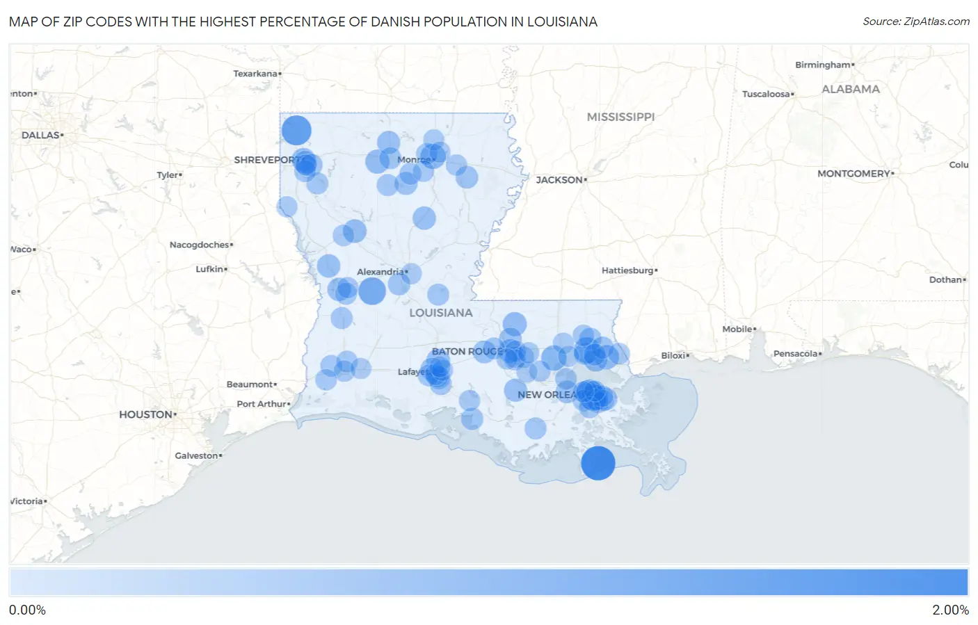Zip Codes with the Highest Percentage of Danish Population in Louisiana Map