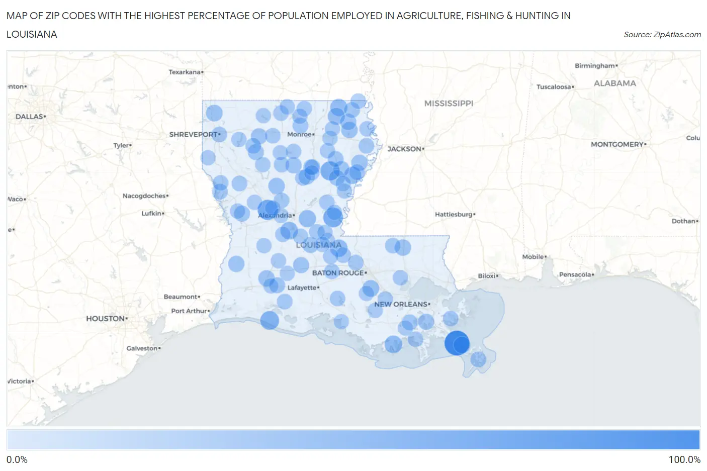Zip Codes with the Highest Percentage of Population Employed in Agriculture, Fishing & Hunting in Louisiana Map