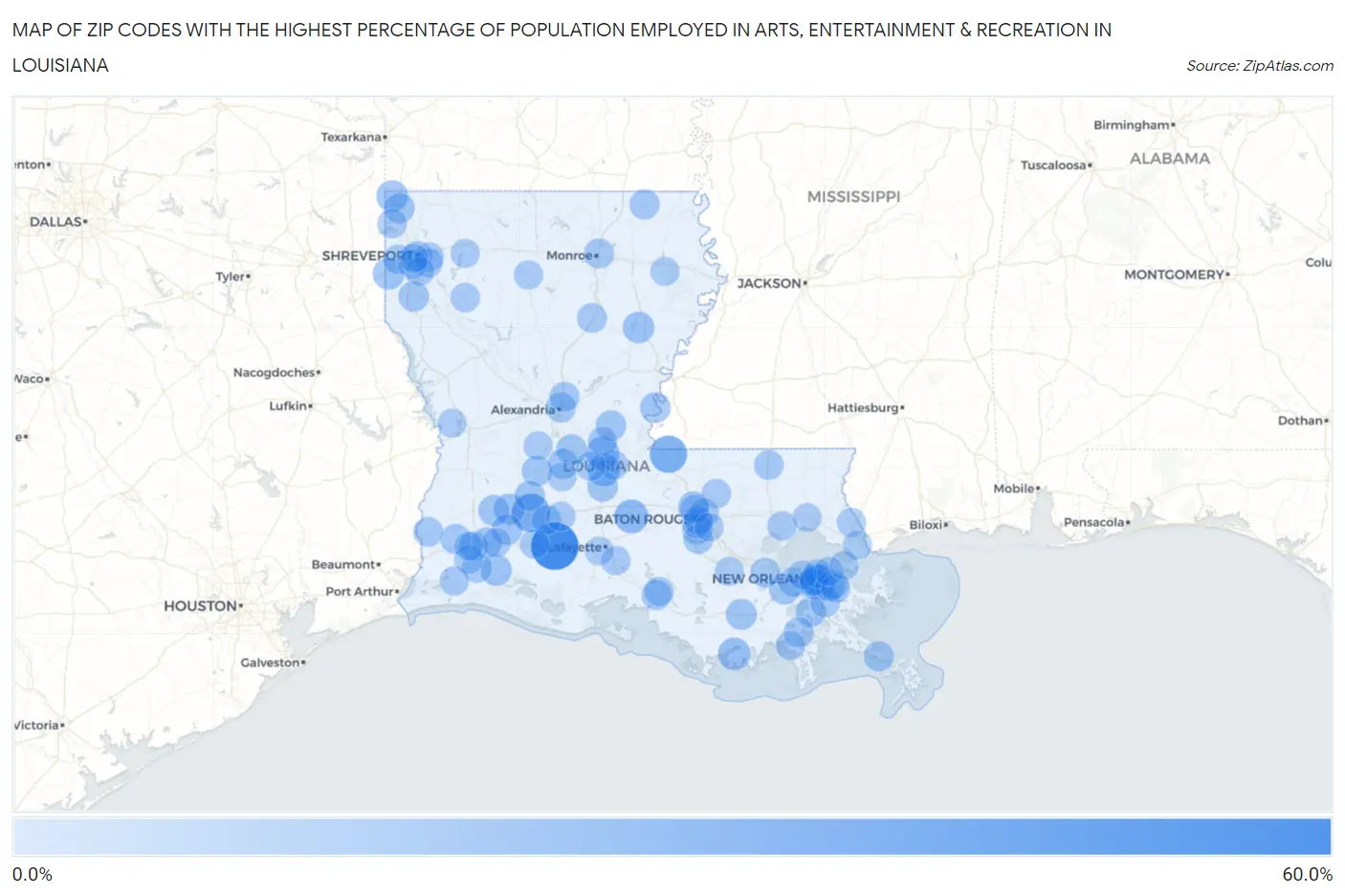 Zip Codes with the Highest Percentage of Population Employed in Arts, Entertainment & Recreation in Louisiana Map