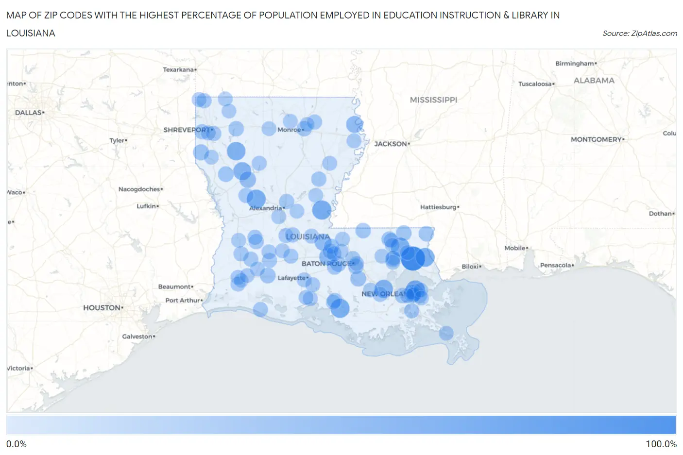 Zip Codes with the Highest Percentage of Population Employed in Education Instruction & Library in Louisiana Map
