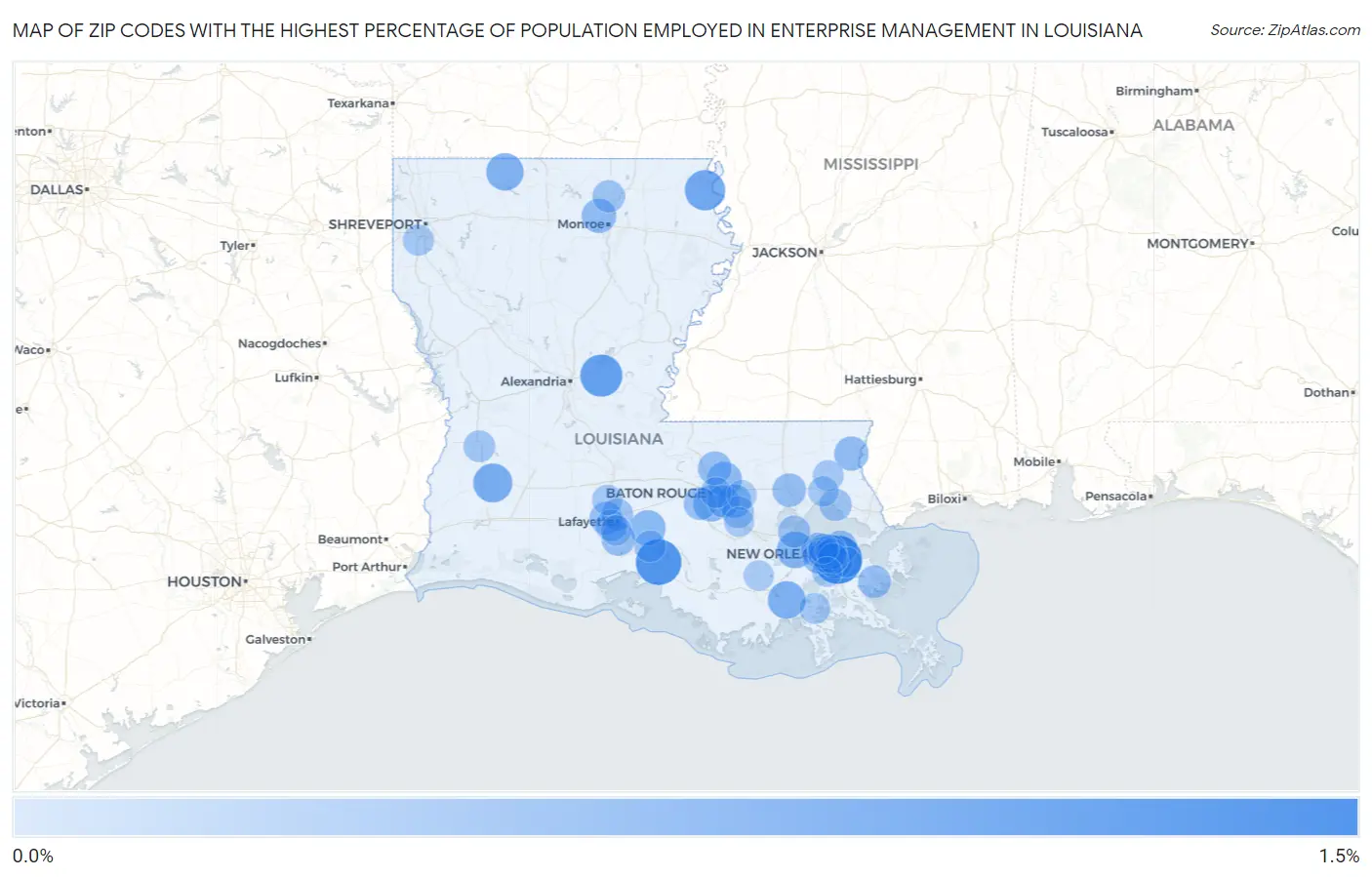 Zip Codes with the Highest Percentage of Population Employed in Enterprise Management in Louisiana Map