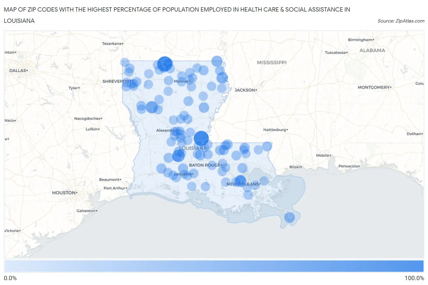 Zip Codes with the Highest Percentage of Population Employed in Health Care & Social Assistance in Louisiana Map