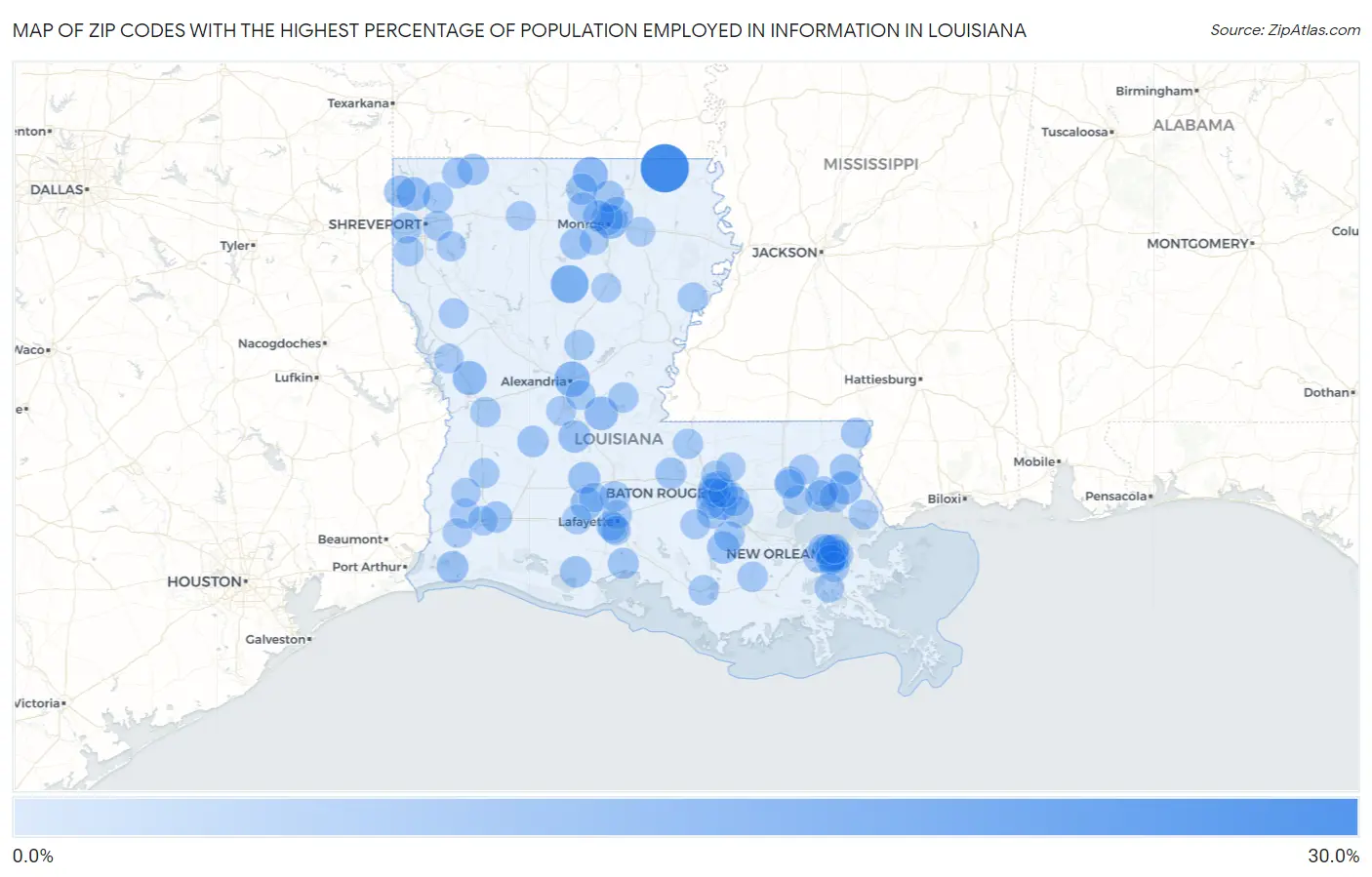 Zip Codes with the Highest Percentage of Population Employed in Information in Louisiana Map