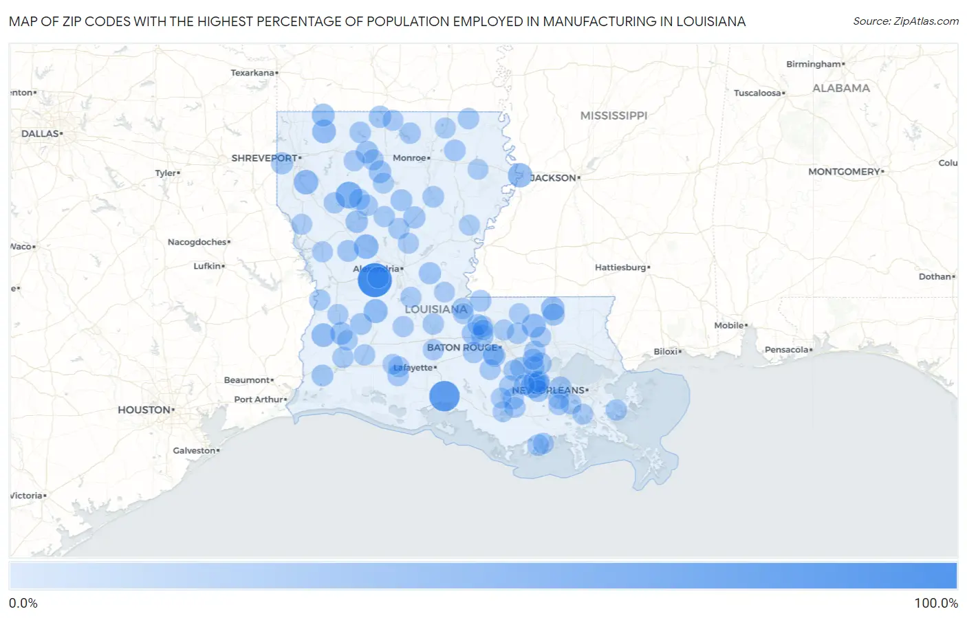 Zip Codes with the Highest Percentage of Population Employed in Manufacturing in Louisiana Map