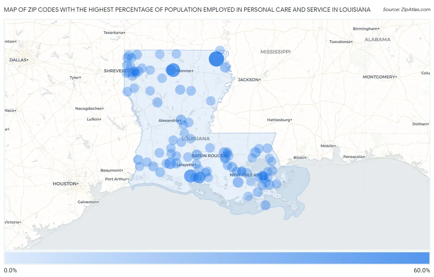 Zip Codes with the Highest Percentage of Population Employed in Personal Care and Service in Louisiana Map