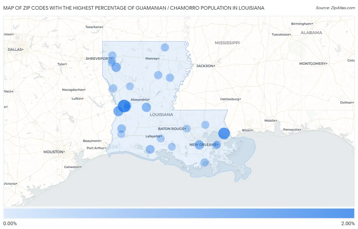 Zip Codes with the Highest Percentage of Guamanian / Chamorro Population in Louisiana Map