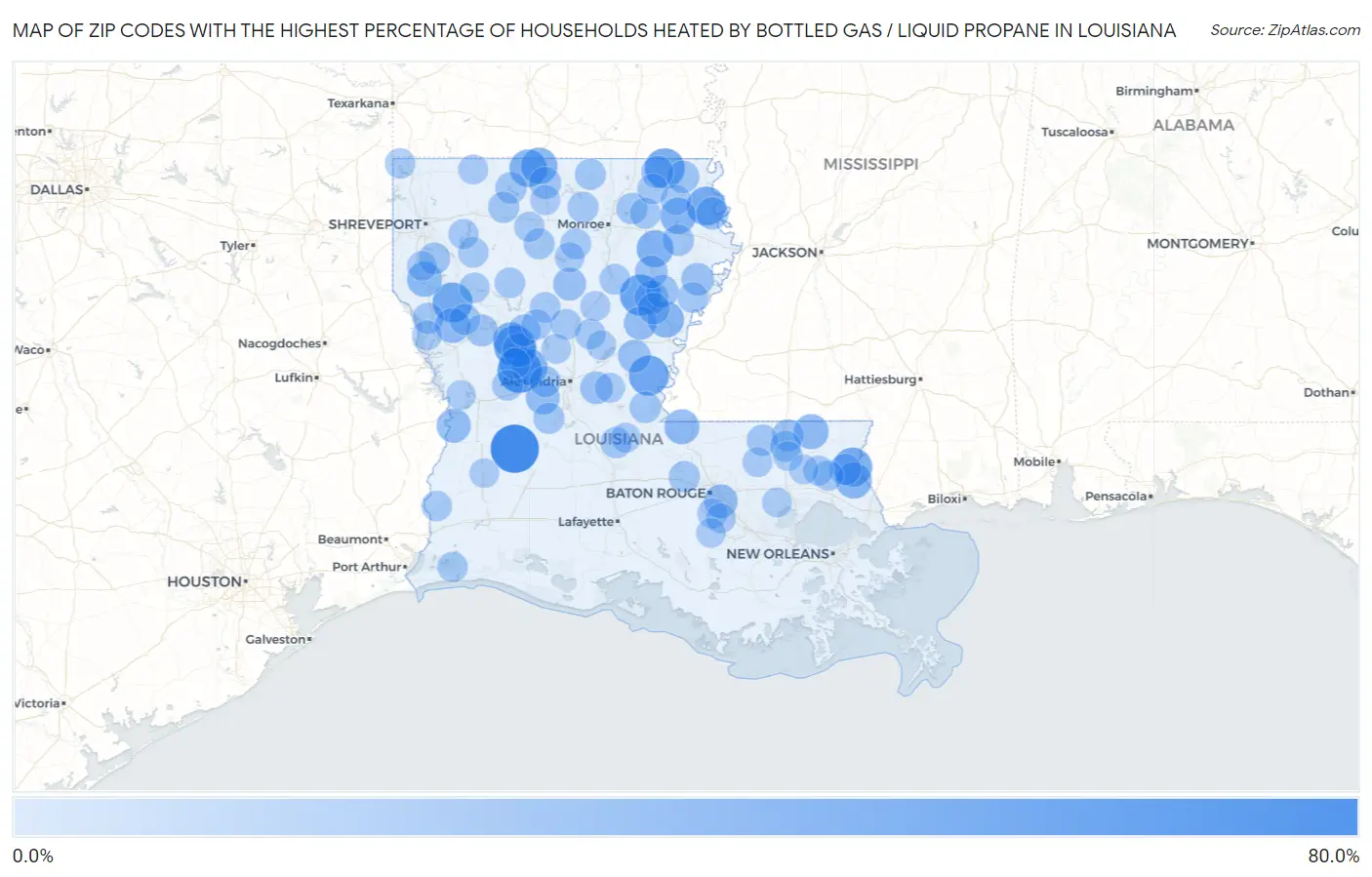 Zip Codes with the Highest Percentage of Households Heated by Bottled Gas / Liquid Propane in Louisiana Map