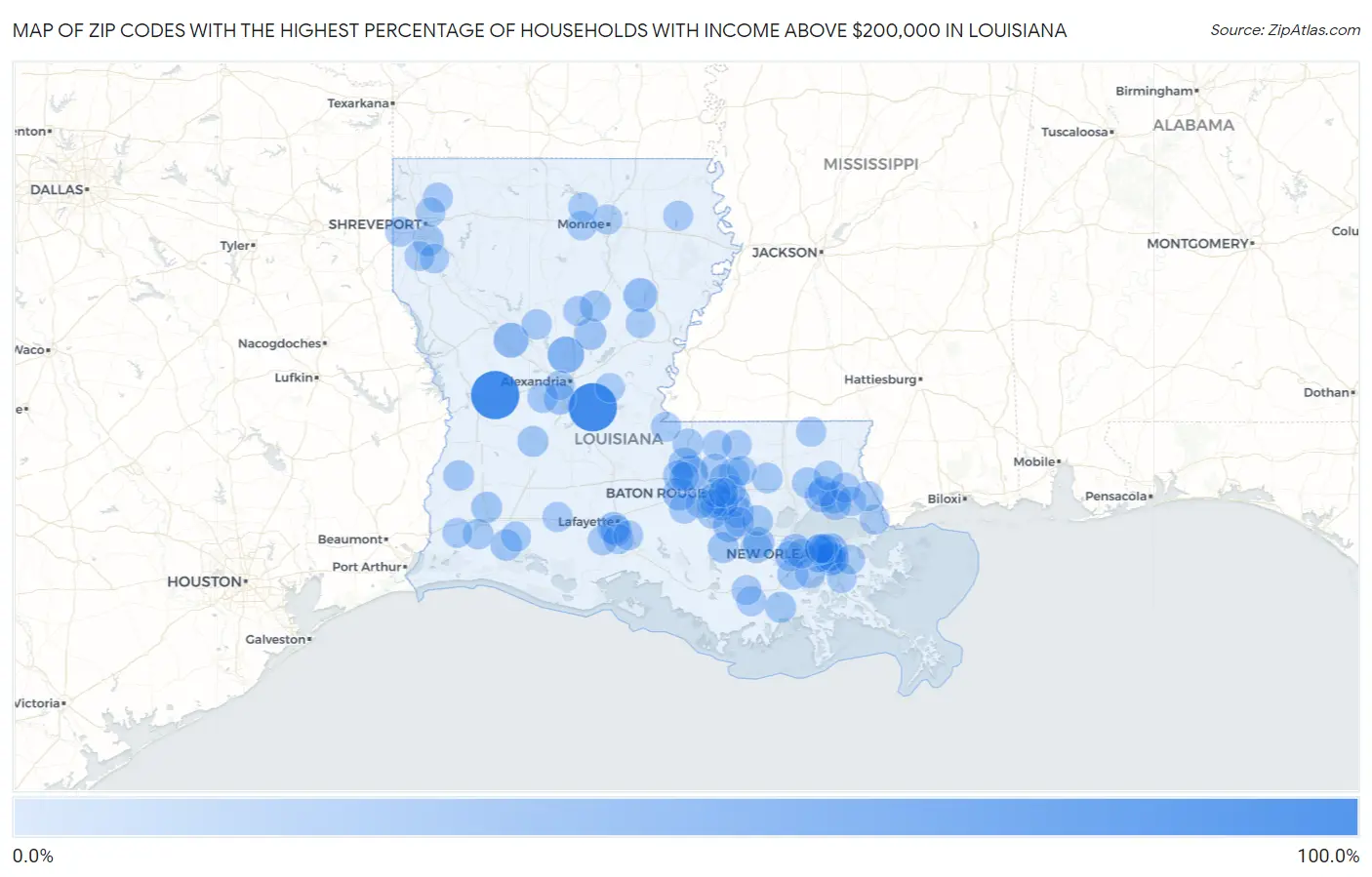 Zip Codes with the Highest Percentage of Households with Income Above $200,000 in Louisiana Map