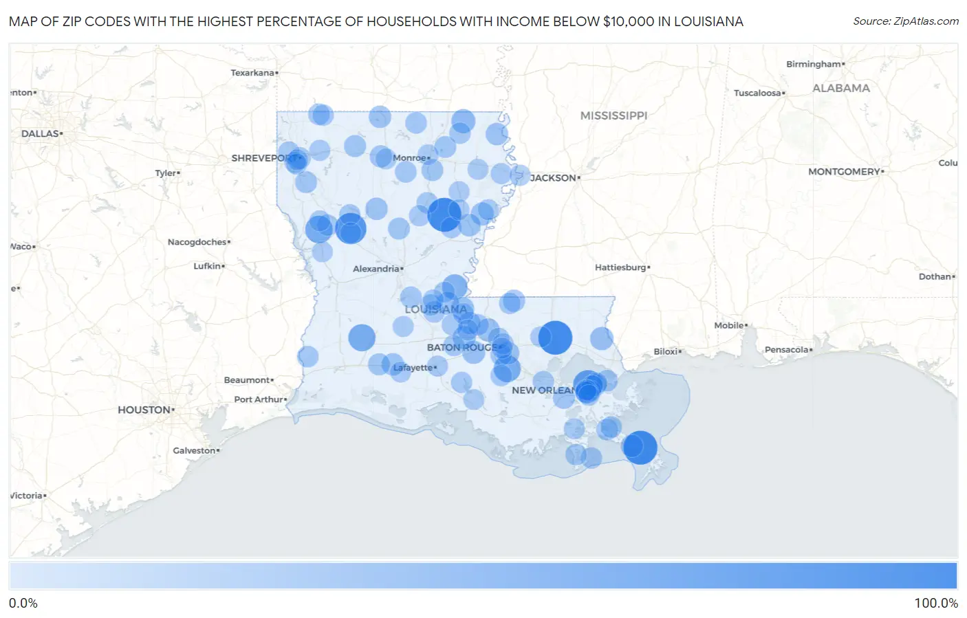 Zip Codes with the Highest Percentage of Households with Income Below $10,000 in Louisiana Map