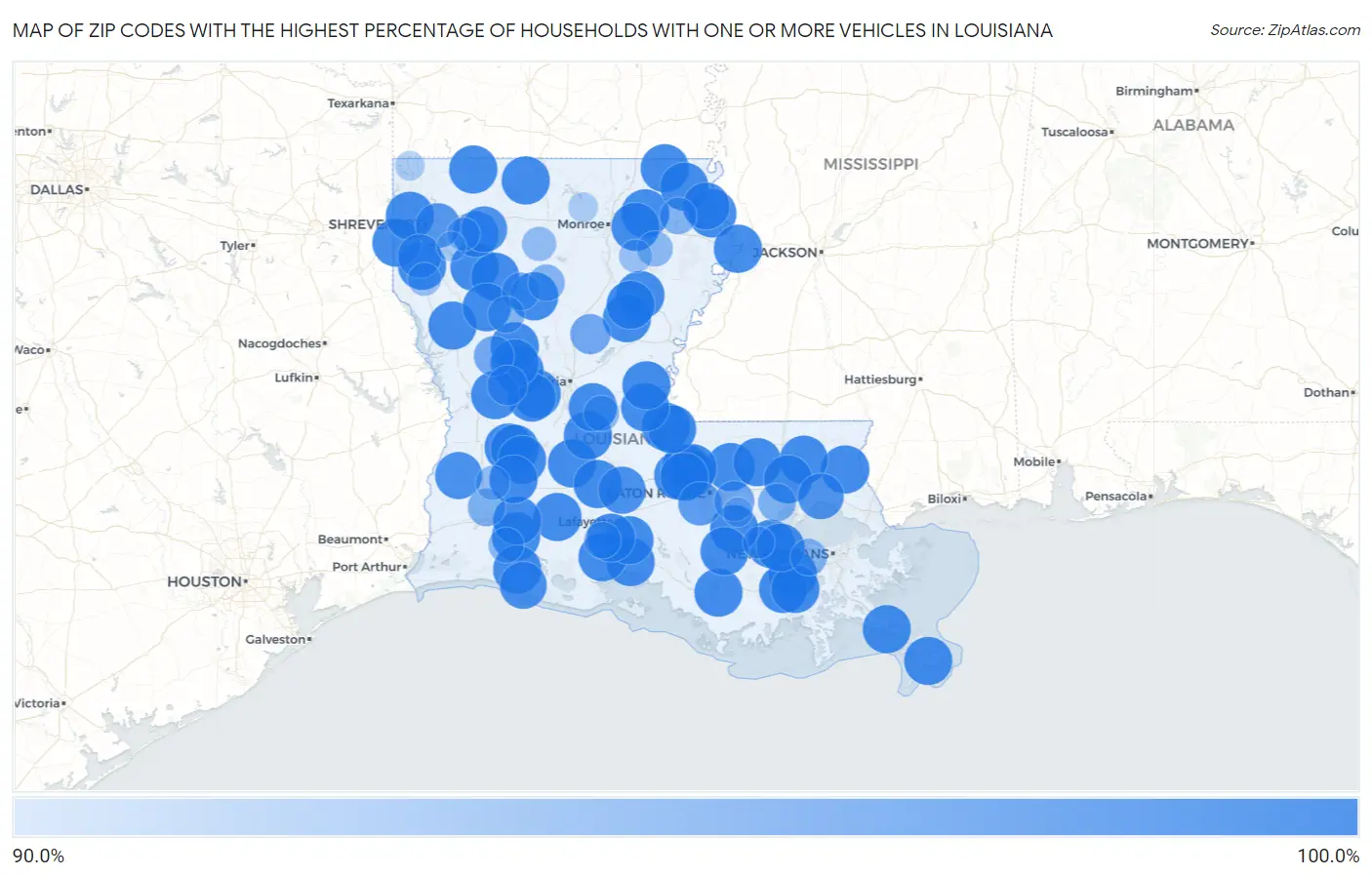 Zip Codes with the Highest Percentage of Households With One or more Vehicles in Louisiana Map