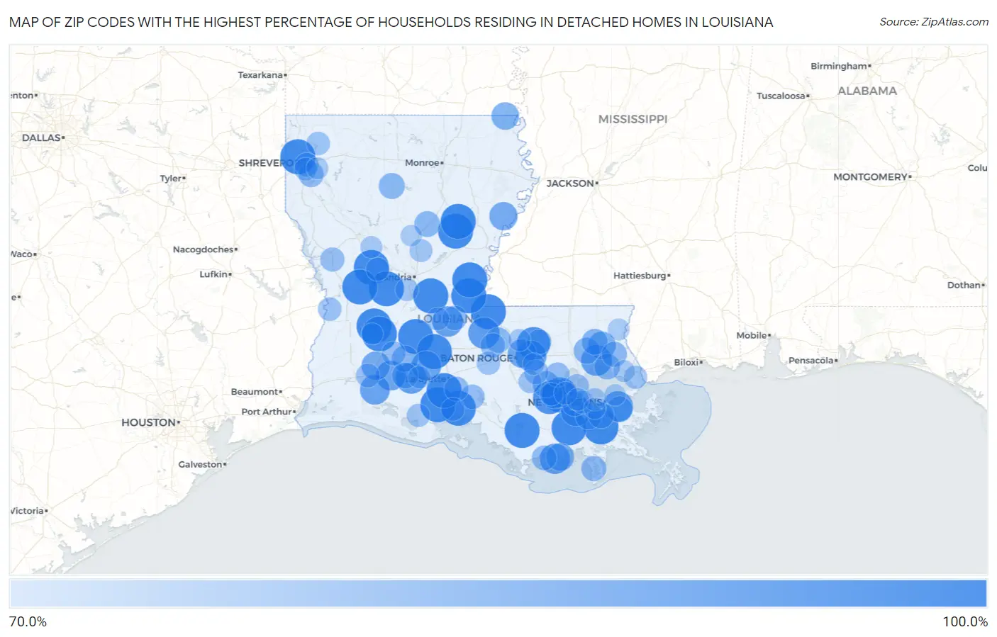 Zip Codes with the Highest Percentage of Households Residing in Detached Homes in Louisiana Map