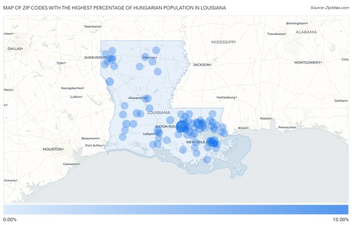 Zip Codes with the Highest Percentage of Hungarian Population in Louisiana Map