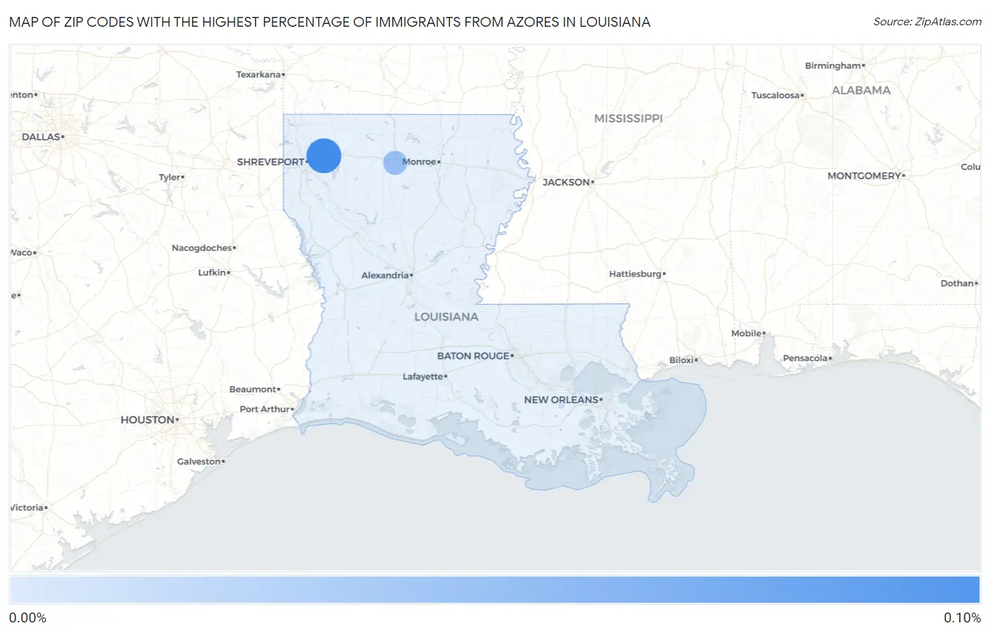 Zip Codes with the Highest Percentage of Immigrants from Azores in Louisiana Map