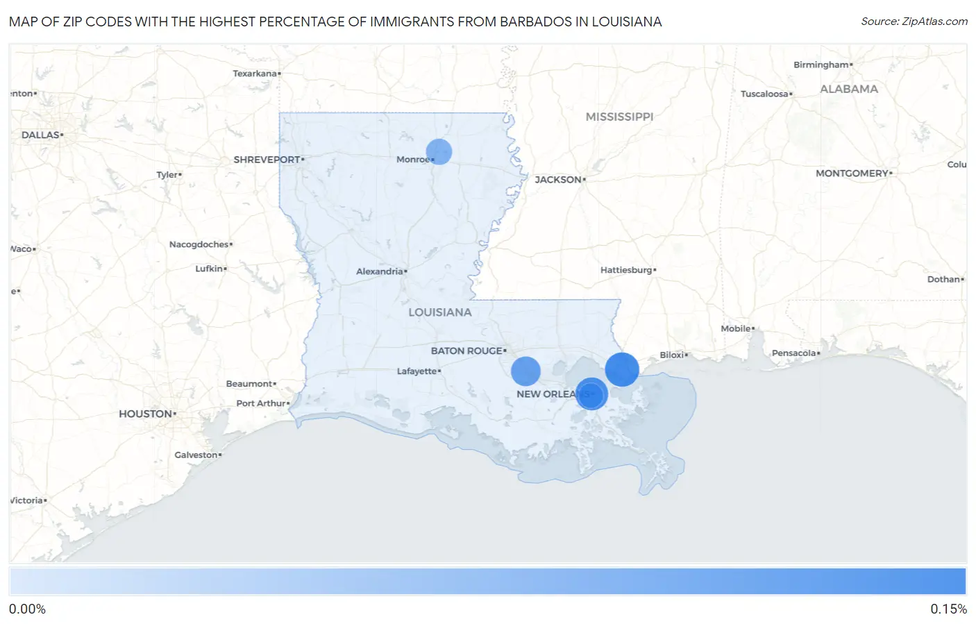 Zip Codes with the Highest Percentage of Immigrants from Barbados in Louisiana Map