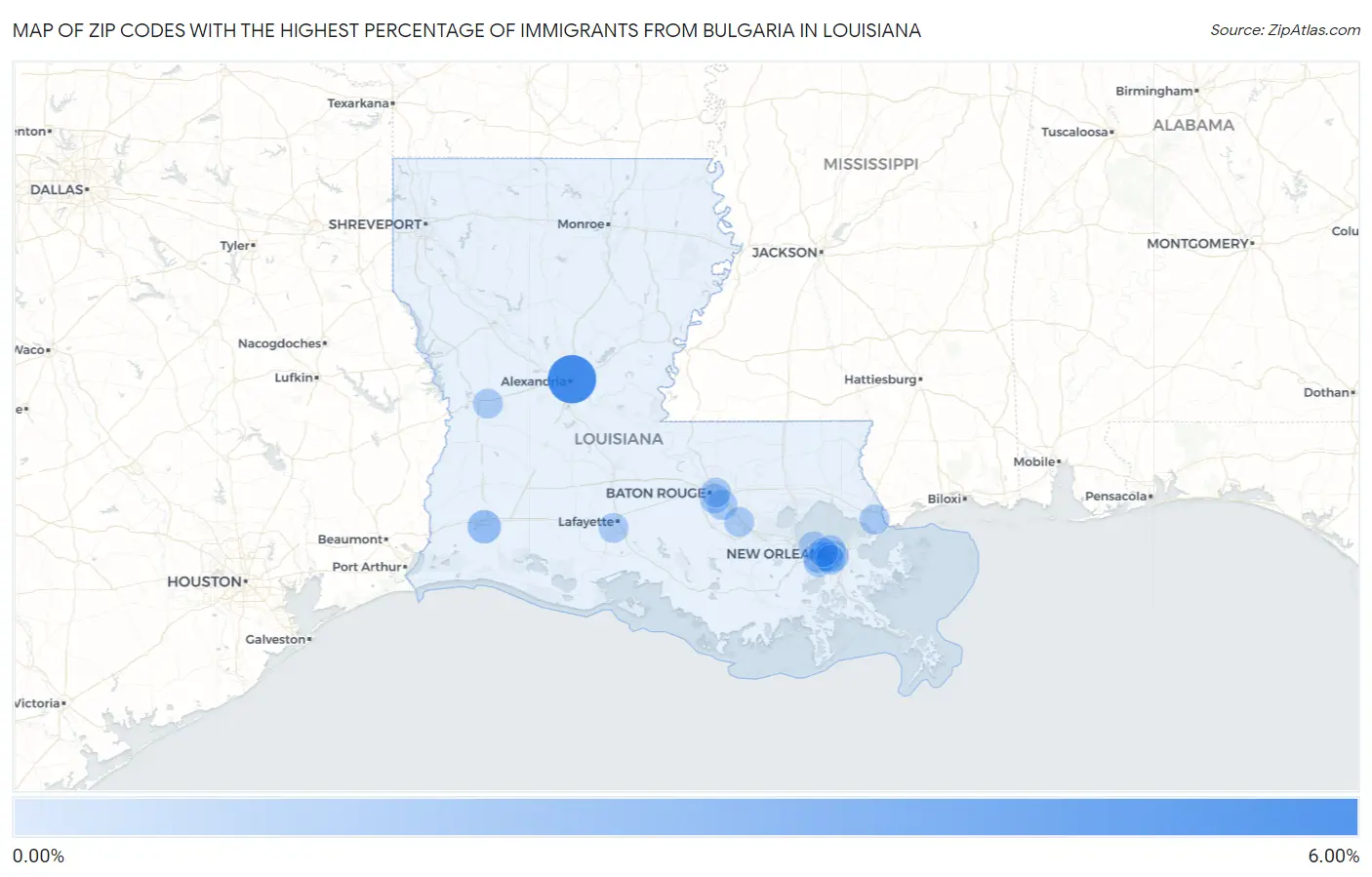 Zip Codes with the Highest Percentage of Immigrants from Bulgaria in Louisiana Map