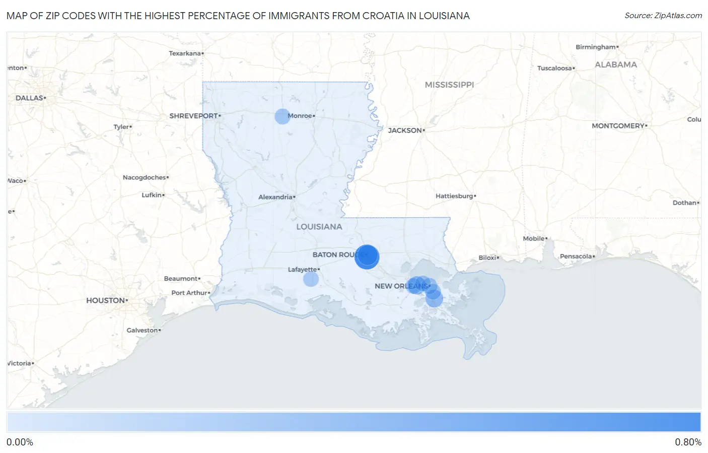 Zip Codes with the Highest Percentage of Immigrants from Croatia in Louisiana Map