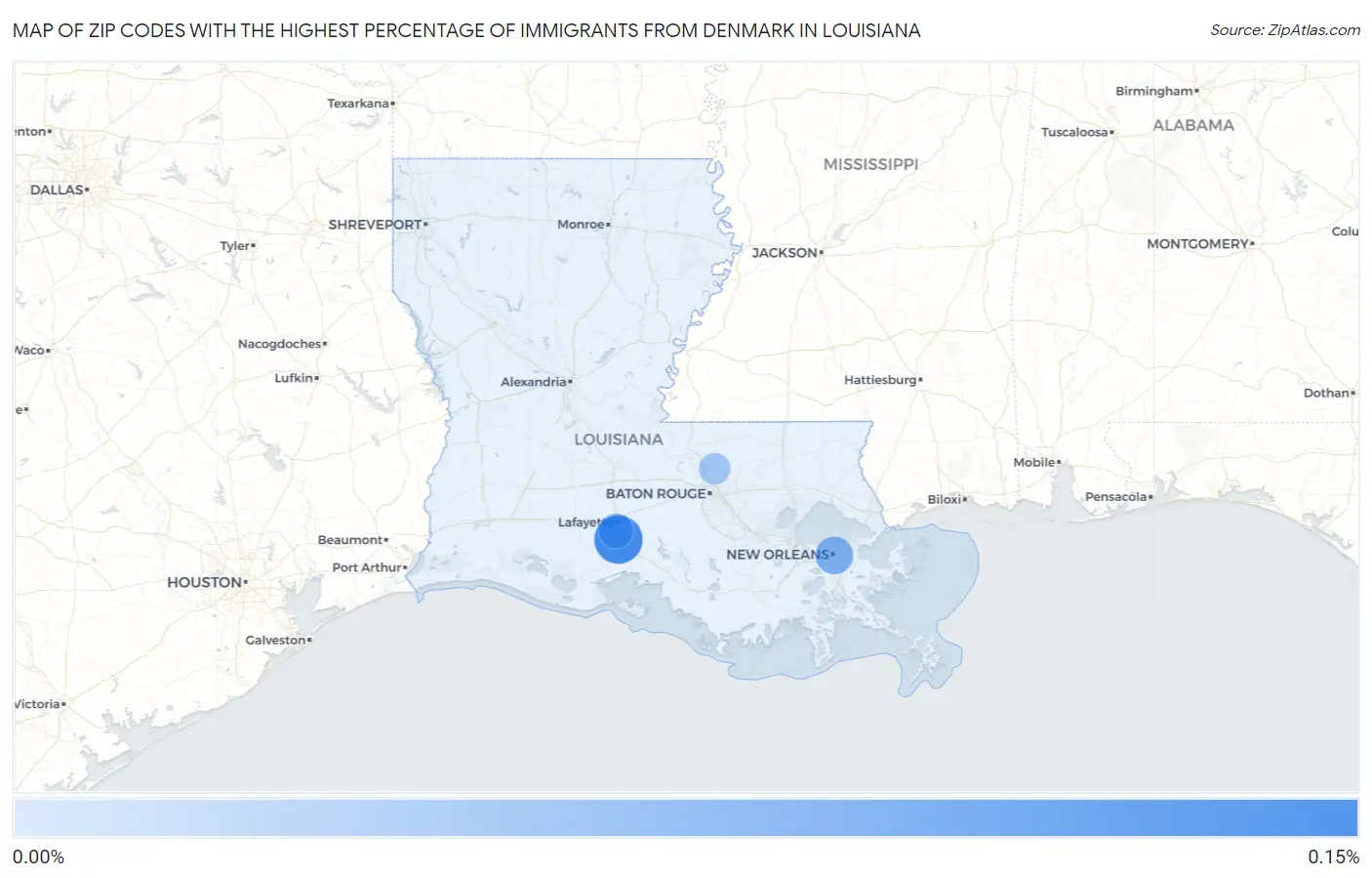 Zip Codes with the Highest Percentage of Immigrants from Denmark in Louisiana Map