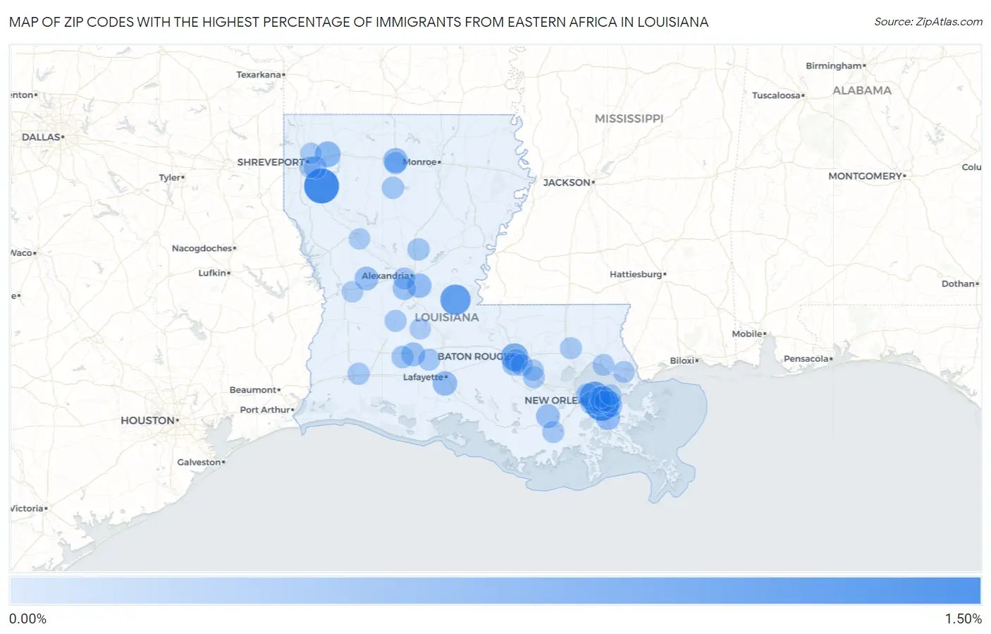 Zip Codes with the Highest Percentage of Immigrants from Eastern Africa in Louisiana Map