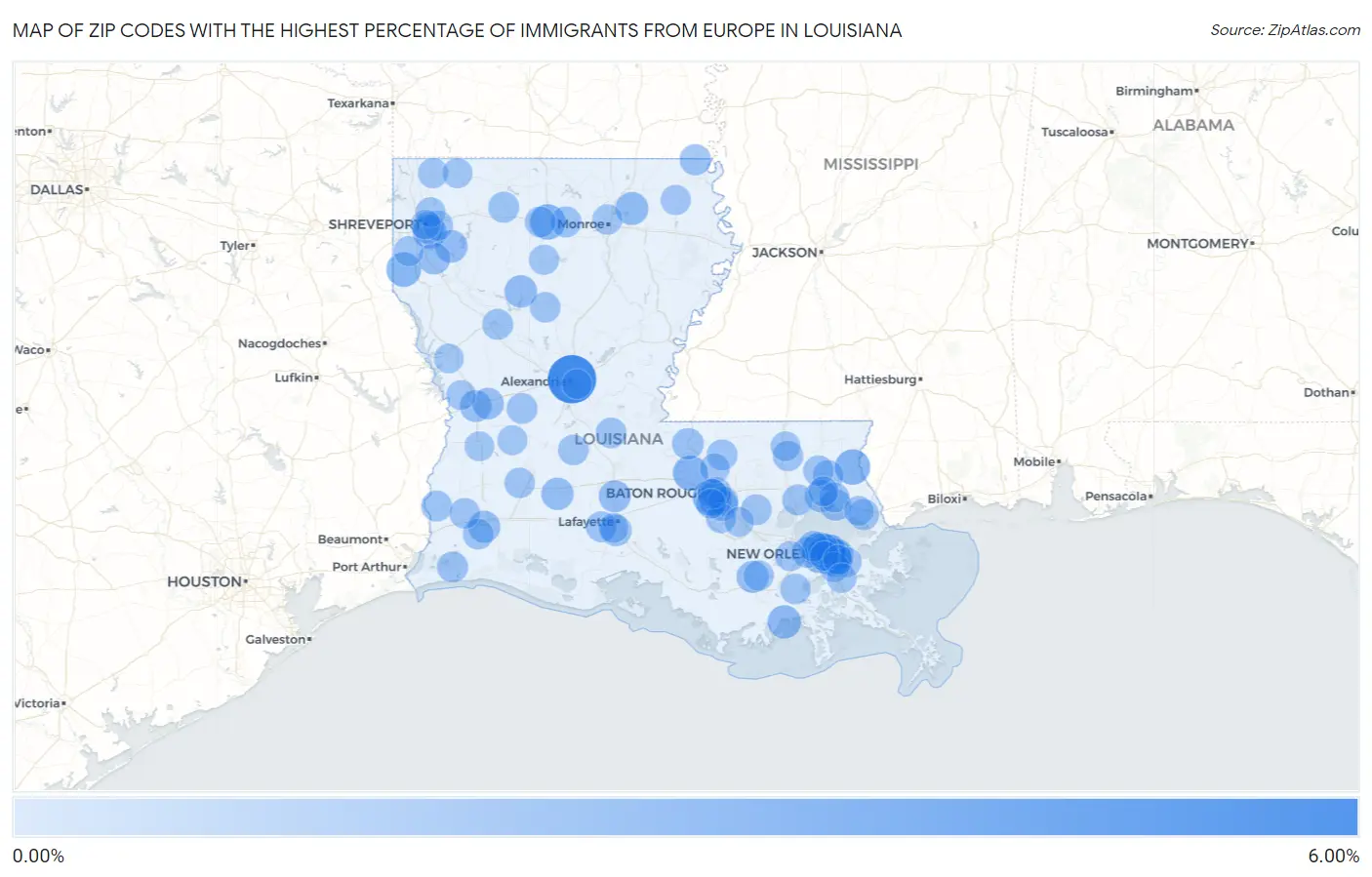 Zip Codes with the Highest Percentage of Immigrants from Europe in Louisiana Map