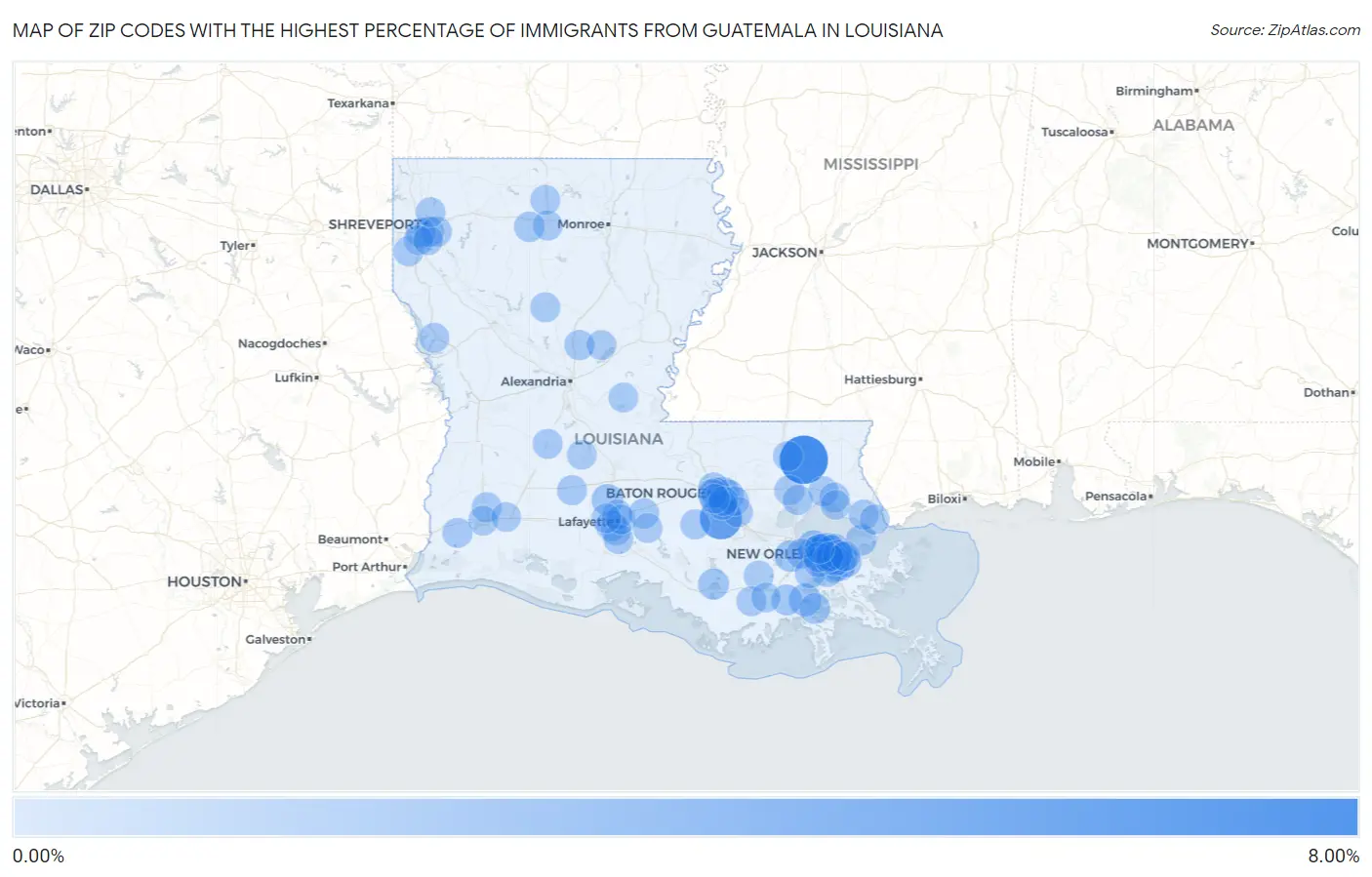 Zip Codes with the Highest Percentage of Immigrants from Guatemala in Louisiana Map