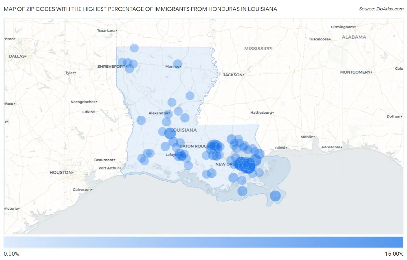 Zip Codes with the Highest Percentage of Immigrants from Honduras in Louisiana Map