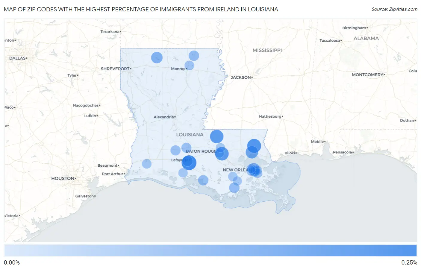 Zip Codes with the Highest Percentage of Immigrants from Ireland in Louisiana Map
