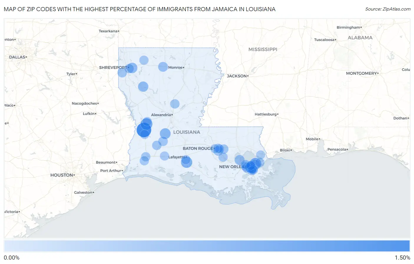 Zip Codes with the Highest Percentage of Immigrants from Jamaica in Louisiana Map