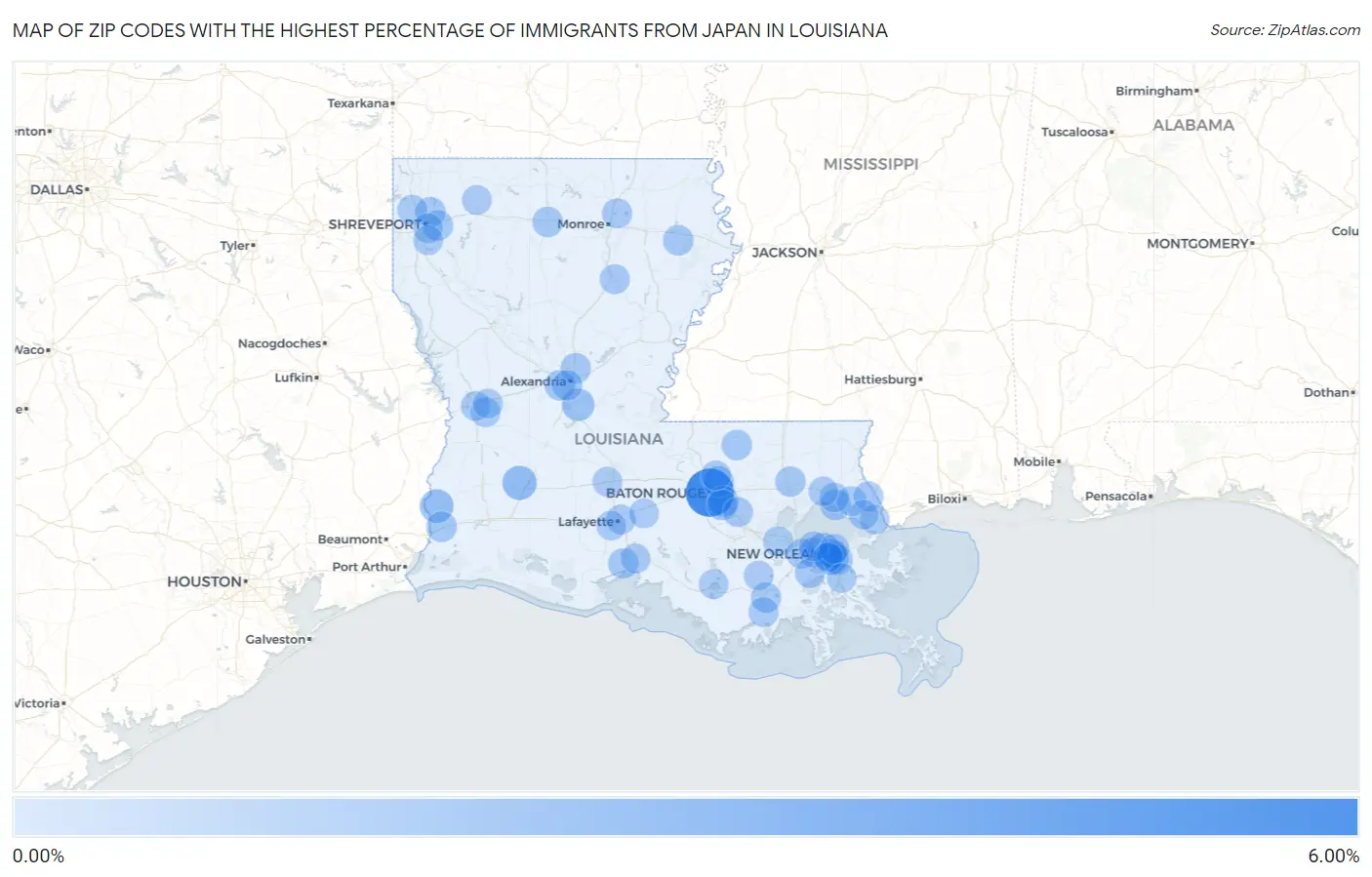 Zip Codes with the Highest Percentage of Immigrants from Japan in Louisiana Map