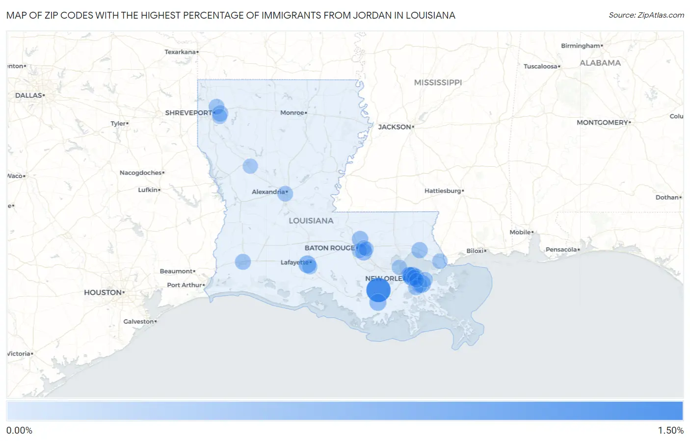 Zip Codes with the Highest Percentage of Immigrants from Jordan in Louisiana Map