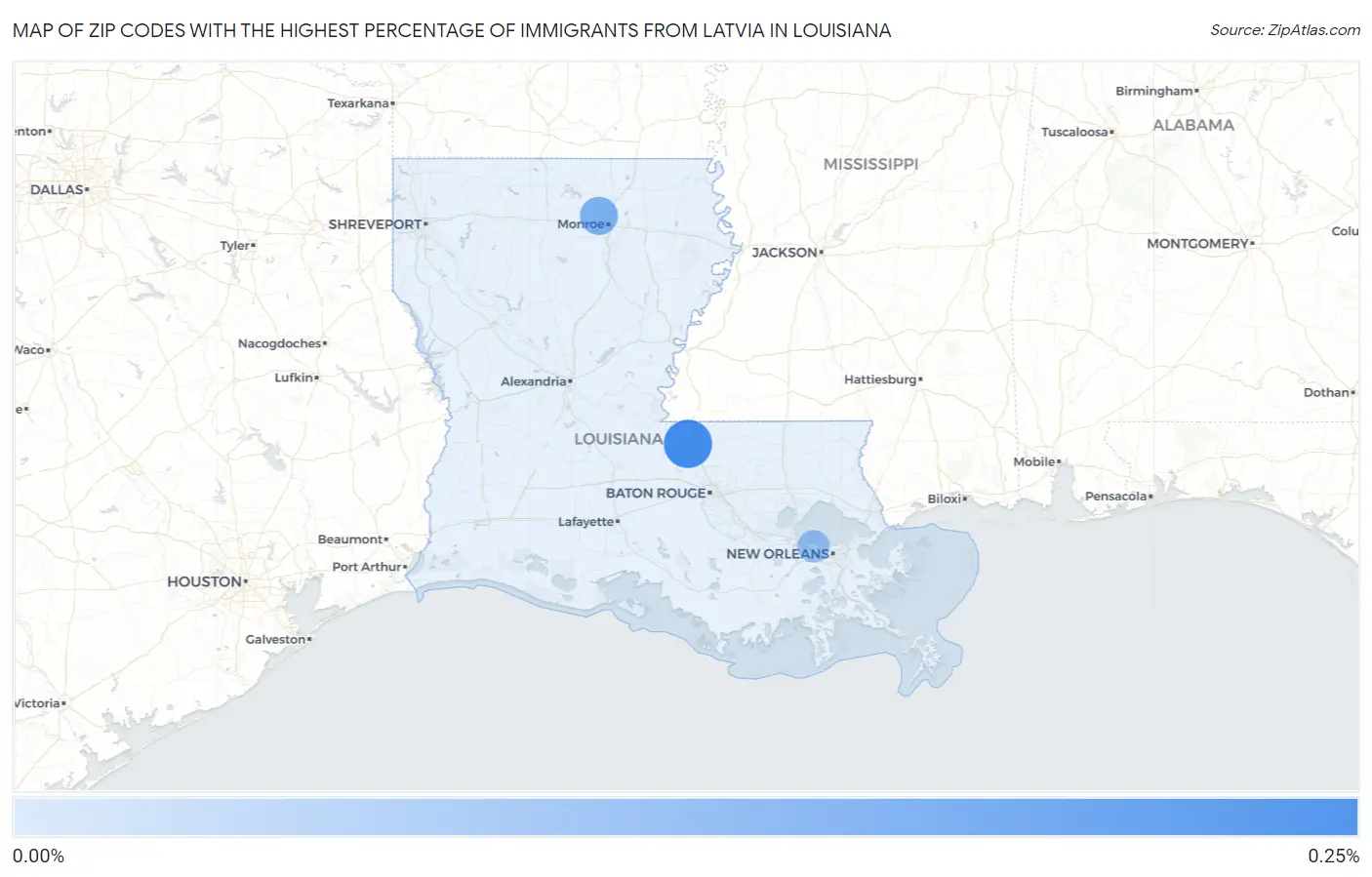 Zip Codes with the Highest Percentage of Immigrants from Latvia in Louisiana Map