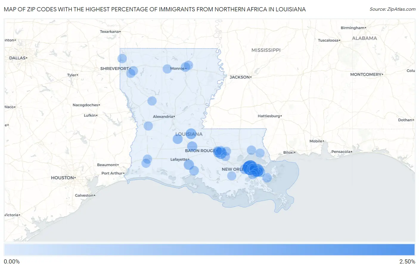 Zip Codes with the Highest Percentage of Immigrants from Northern Africa in Louisiana Map
