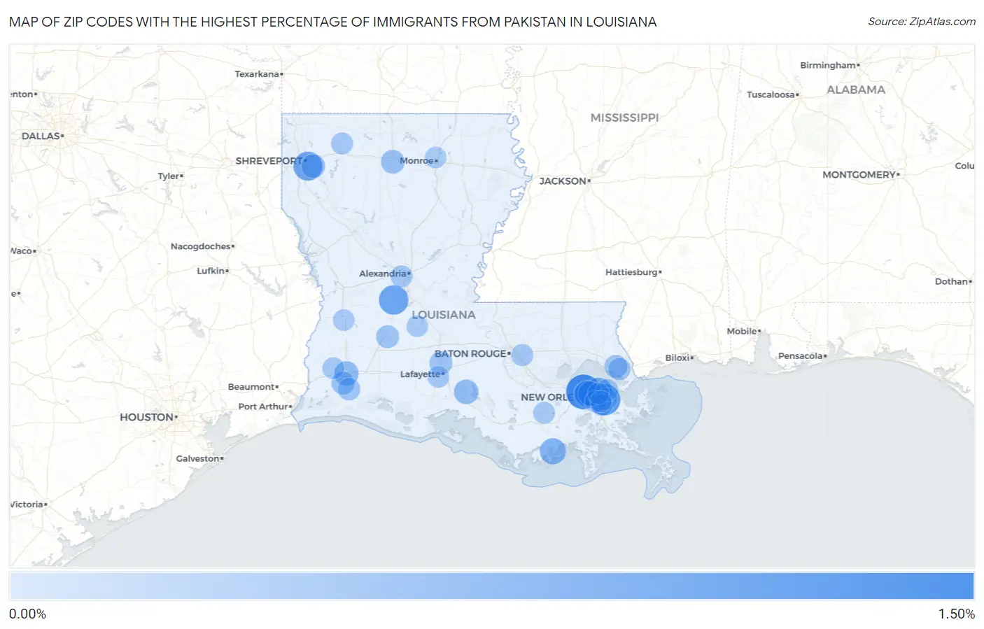 Zip Codes with the Highest Percentage of Immigrants from Pakistan in Louisiana Map