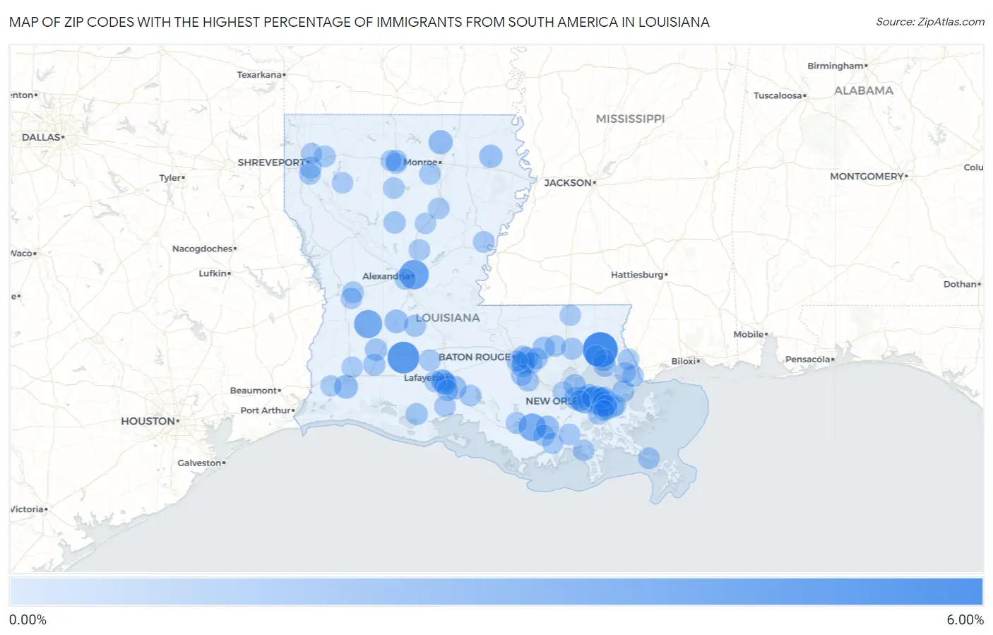 Zip Codes with the Highest Percentage of Immigrants from South America in Louisiana Map