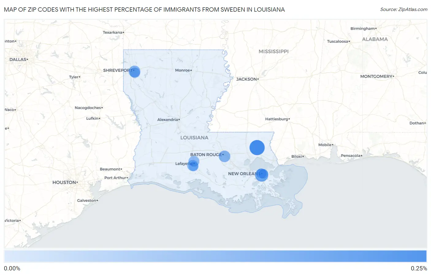 Zip Codes with the Highest Percentage of Immigrants from Sweden in Louisiana Map