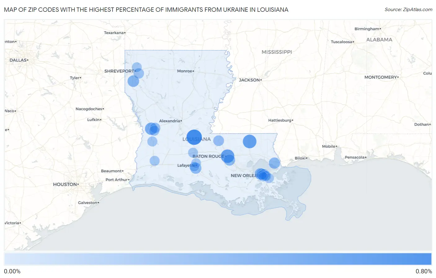 Zip Codes with the Highest Percentage of Immigrants from Ukraine in Louisiana Map