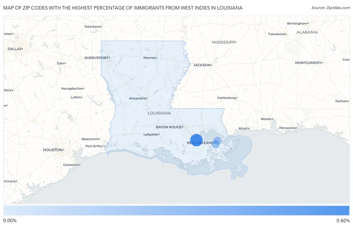 Zip Codes with the Highest Percentage of Immigrants from West Indies in Louisiana Map