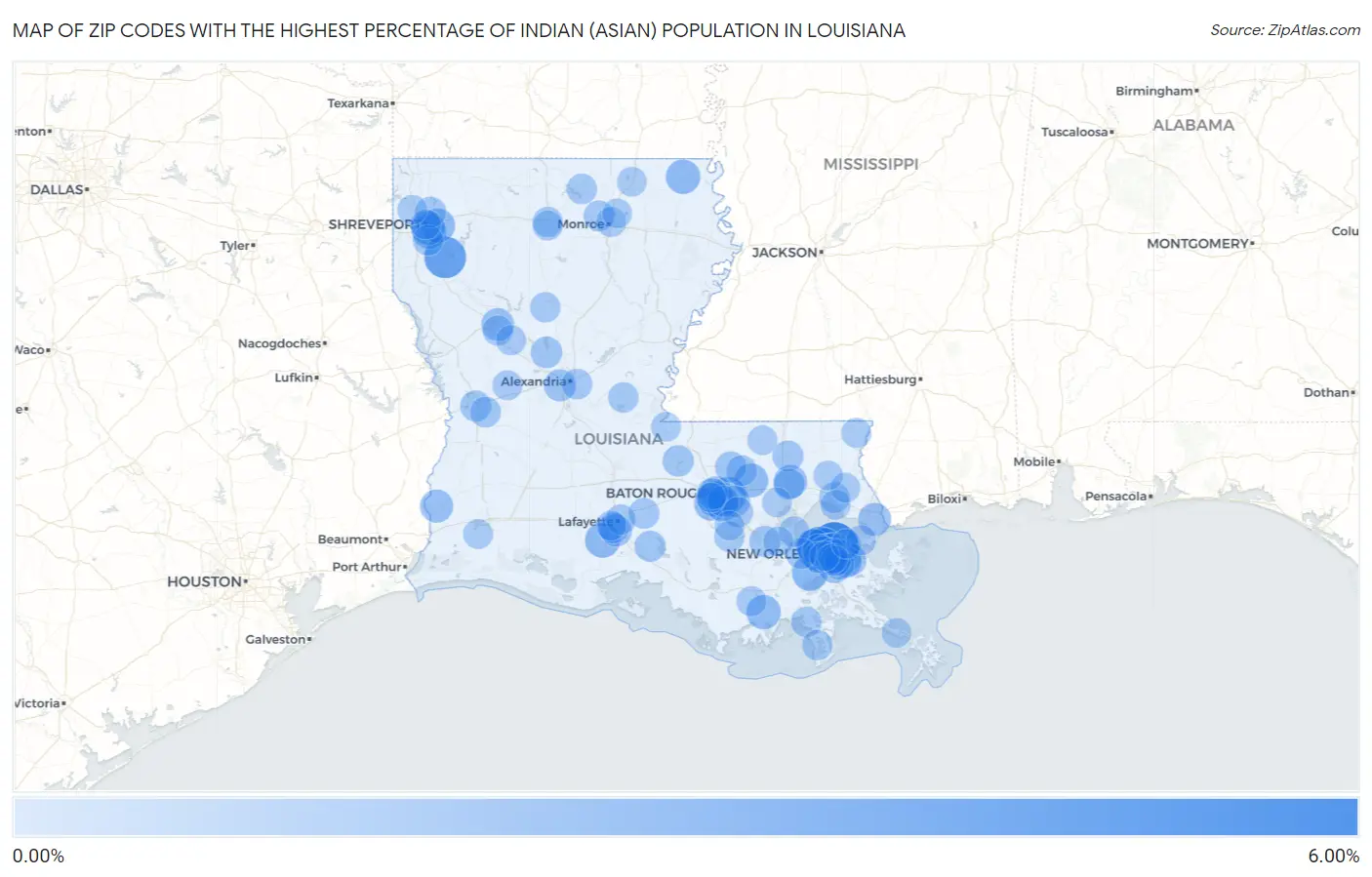 Zip Codes with the Highest Percentage of Indian (Asian) Population in Louisiana Map