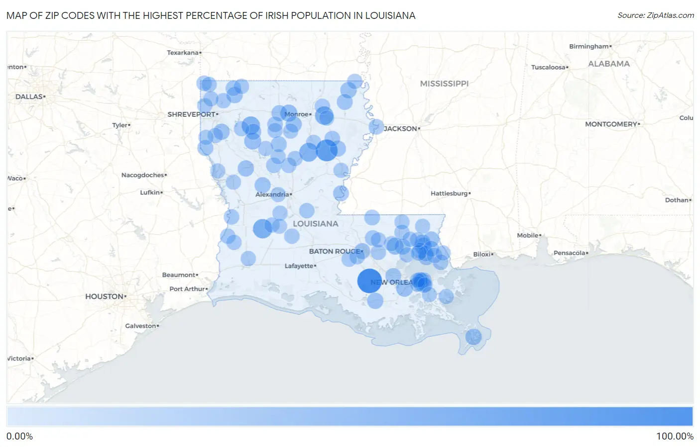 Zip Codes with the Highest Percentage of Irish Population in Louisiana Map