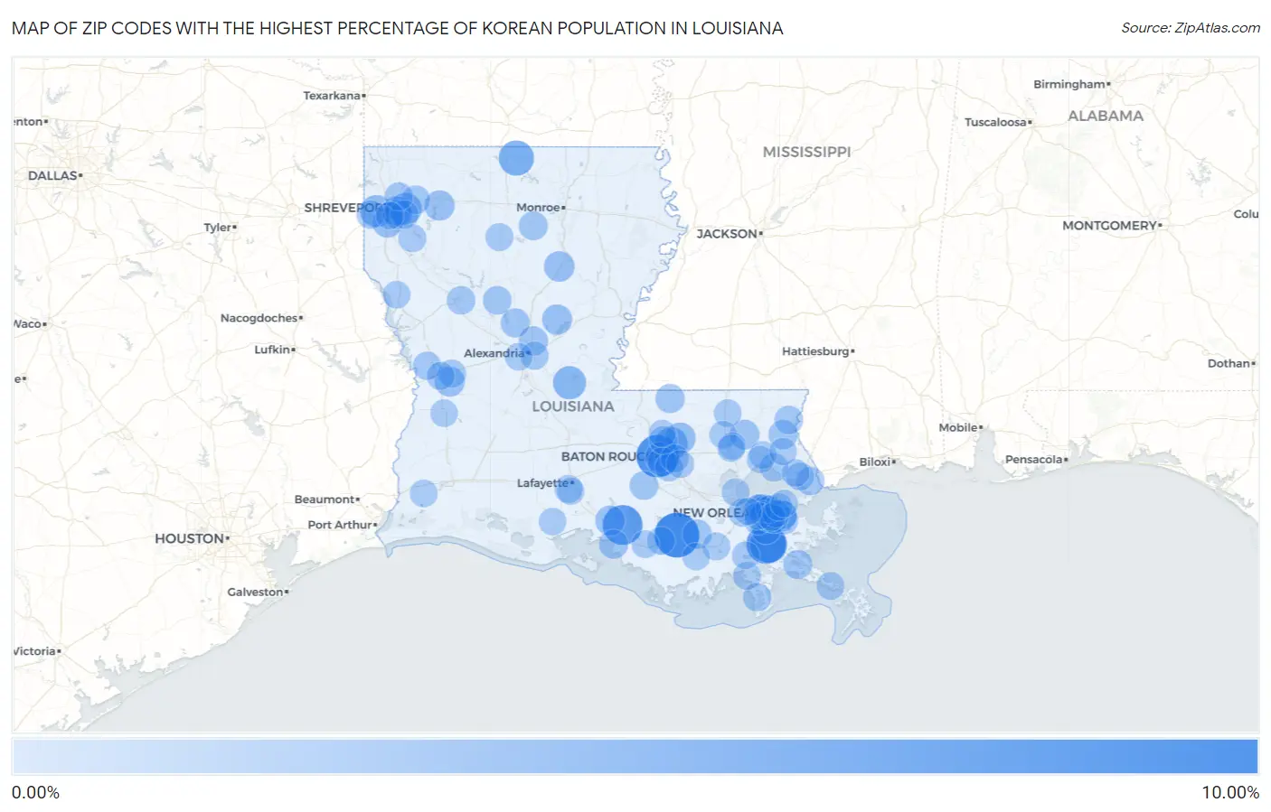 Zip Codes with the Highest Percentage of Korean Population in Louisiana Map