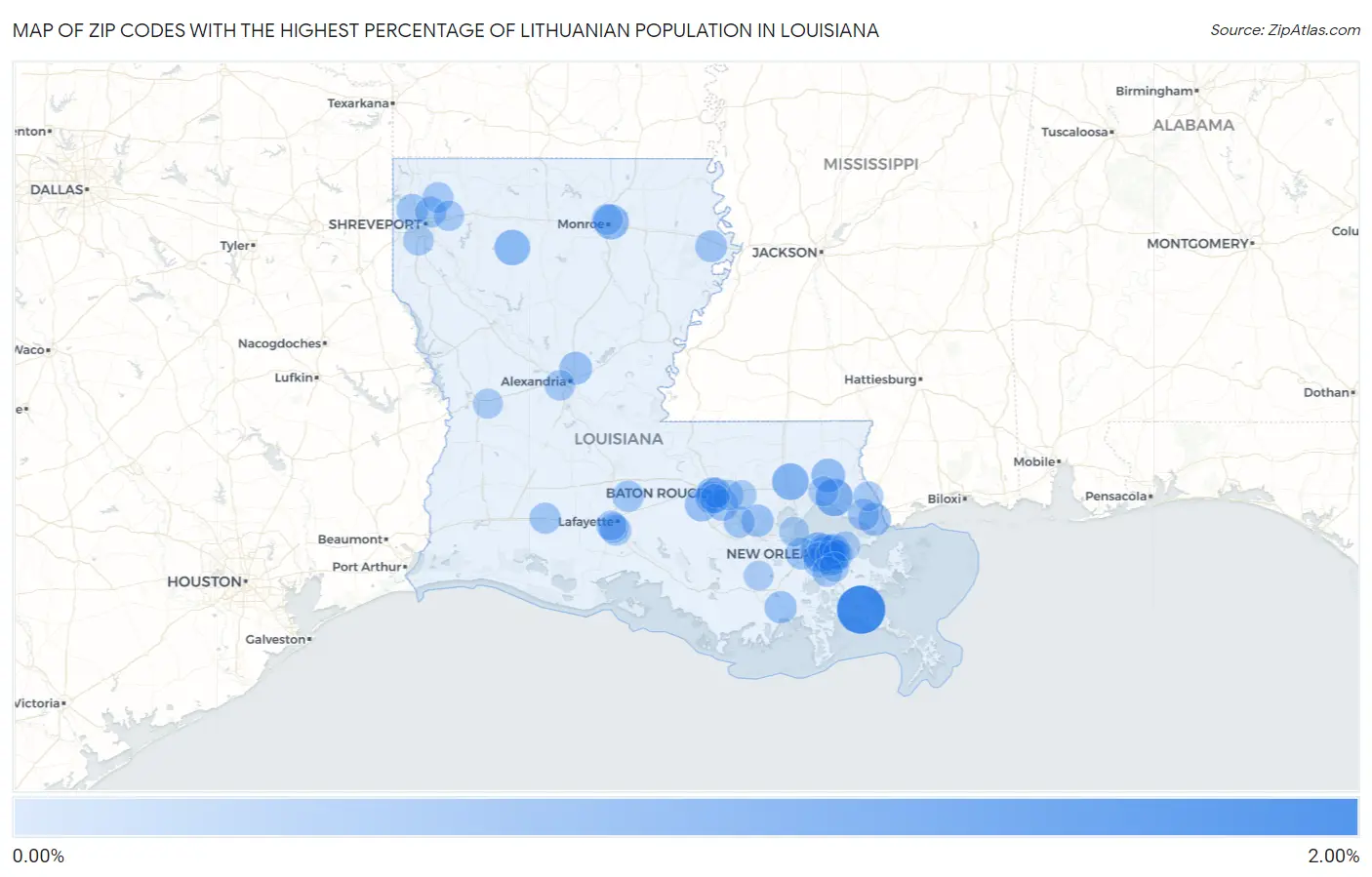 Zip Codes with the Highest Percentage of Lithuanian Population in Louisiana Map