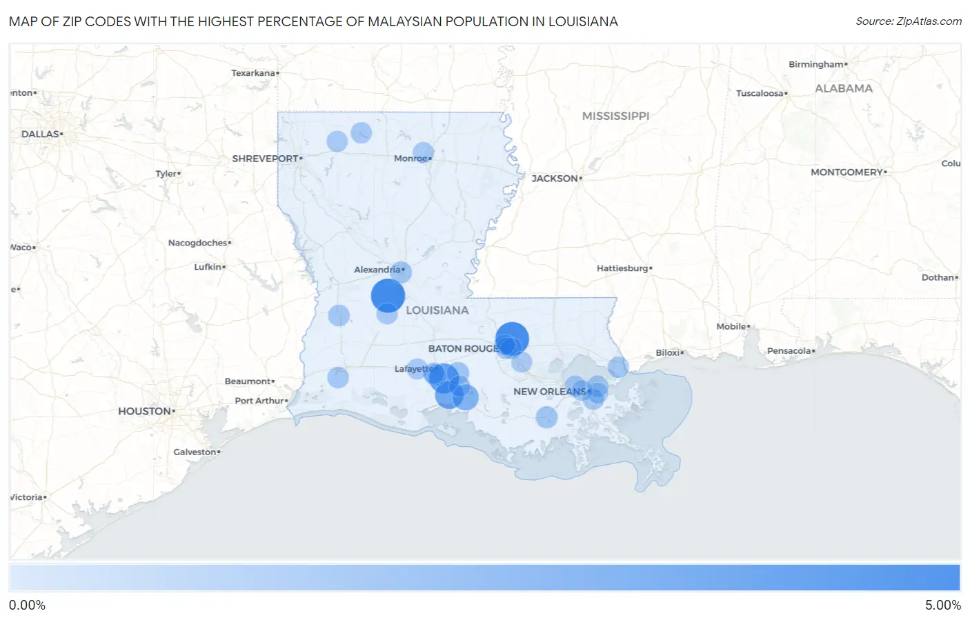 Zip Codes with the Highest Percentage of Malaysian Population in Louisiana Map