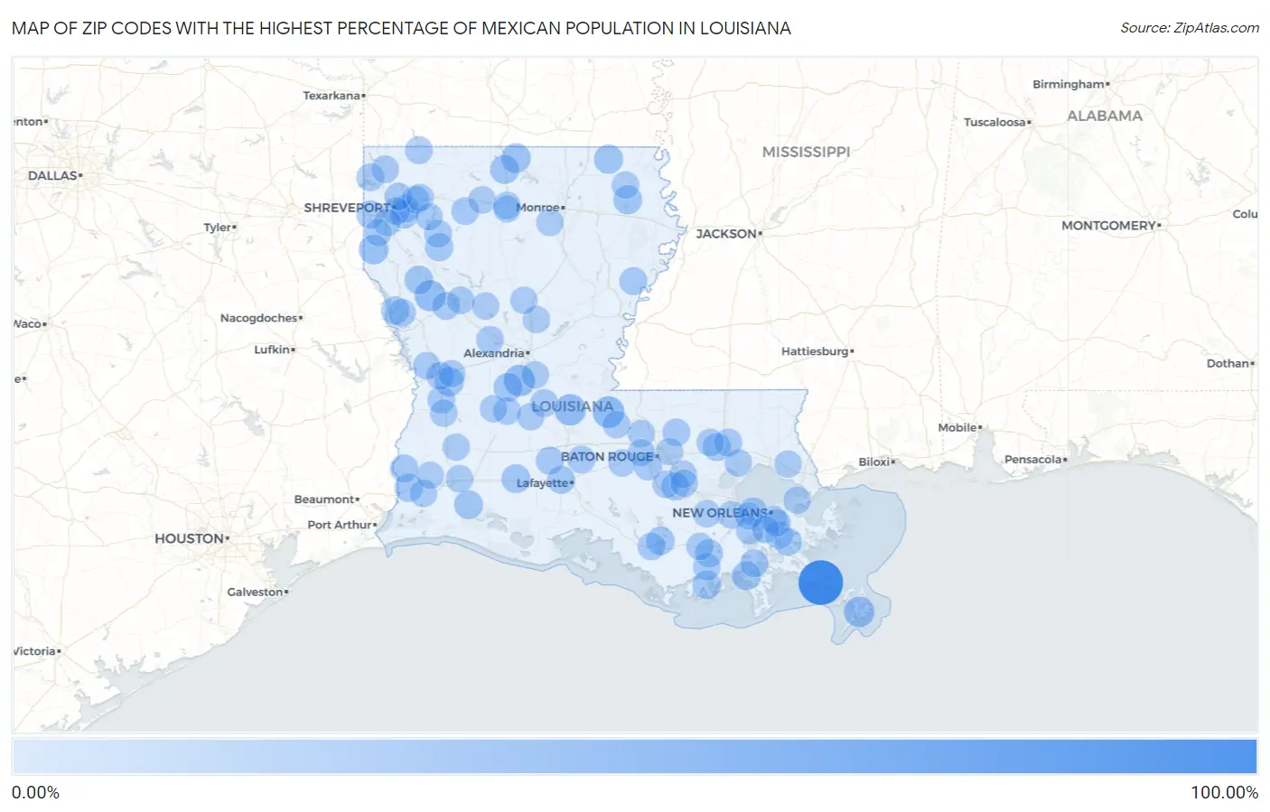 Zip Codes with the Highest Percentage of Mexican Population in Louisiana Map