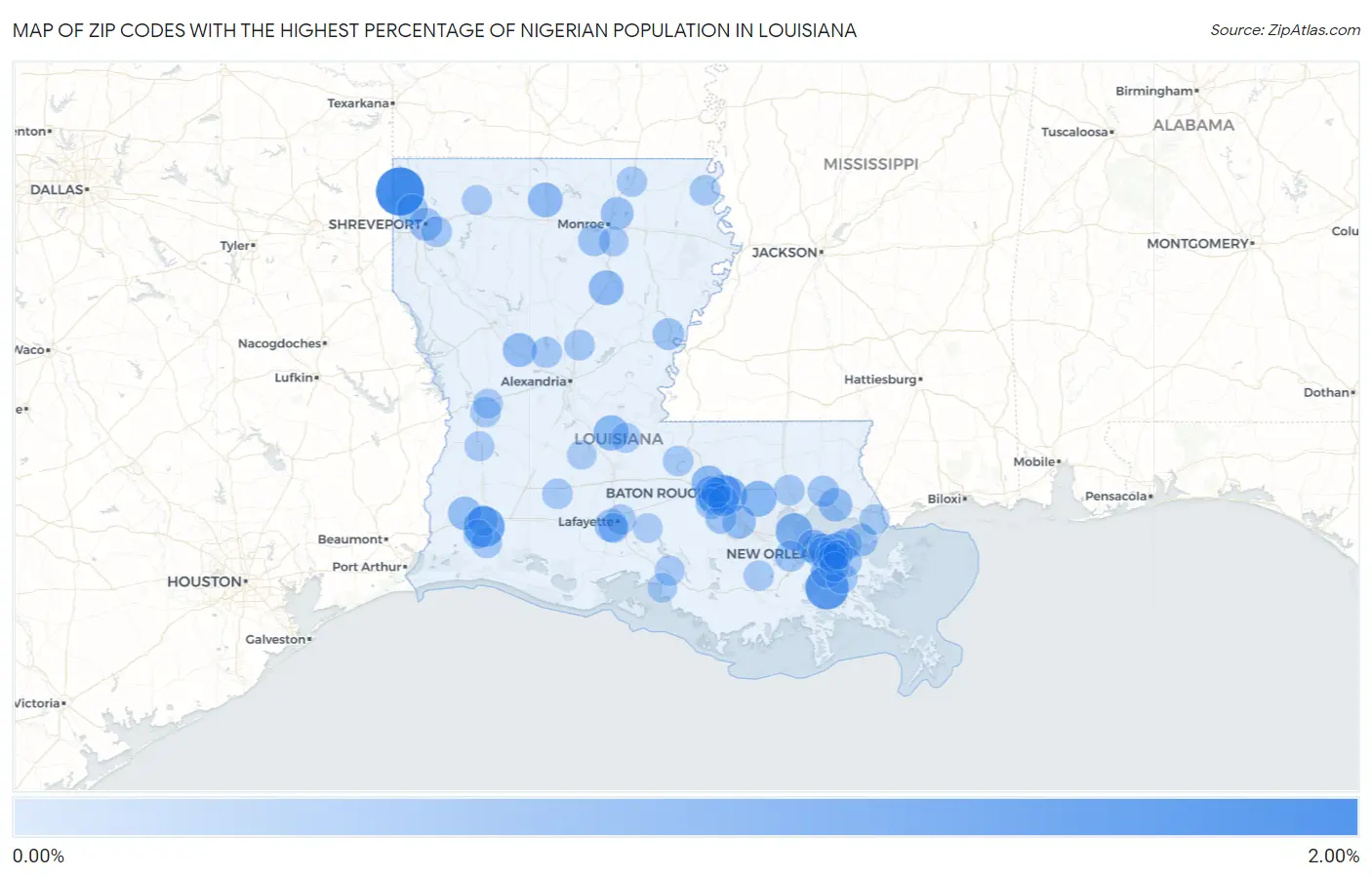 Zip Codes with the Highest Percentage of Nigerian Population in Louisiana Map