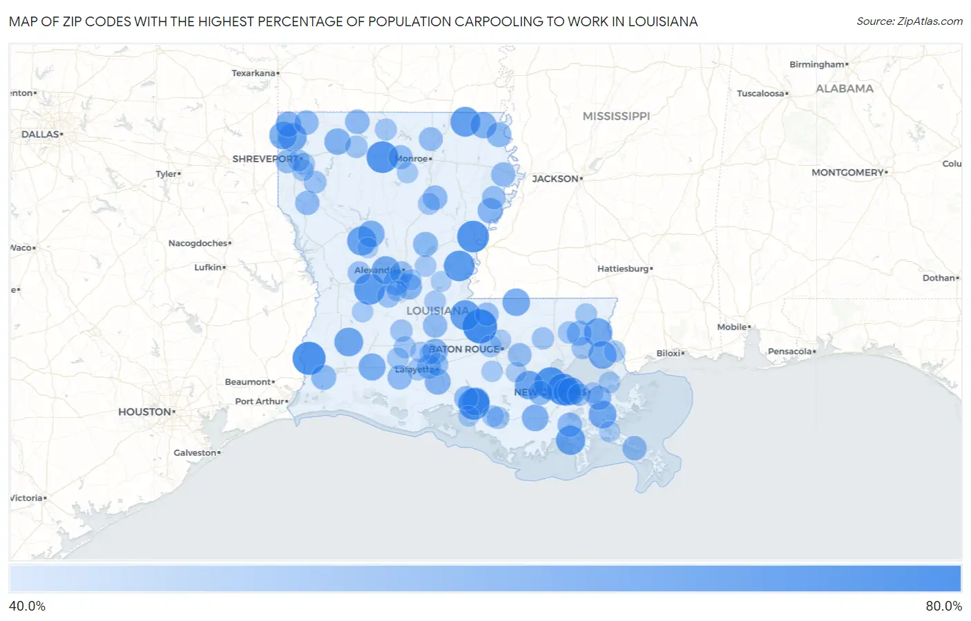 Zip Codes with the Highest Percentage of Population Carpooling to Work in Louisiana Map