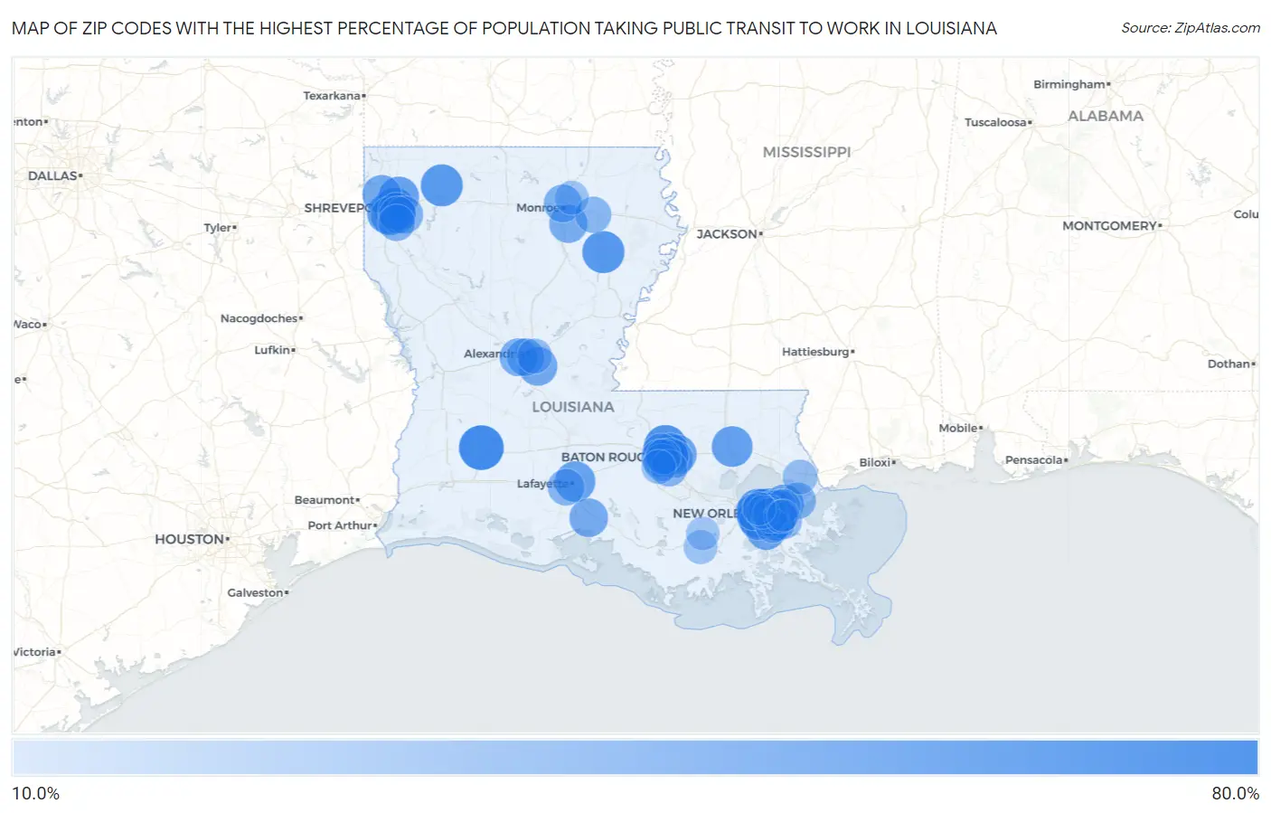 Zip Codes with the Highest Percentage of Population Taking Public Transit to Work in Louisiana Map